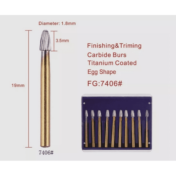 Dental Tungsten Carbide Burs FG7406 Egg-Shape Trimming & Finishing Kit 10Pcs