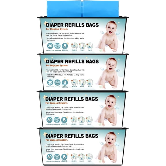 Diaper Pail Refills Bags with 30 Bags Compatible with For XIULINnie Easy Roll Signature and Platinum Diaper Pails, 7-Layer Odor-Barrier Technology, 1 Pack (4 Pack)