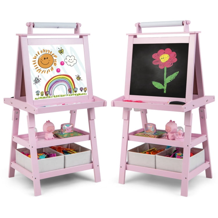 Barara King Kid's Art Easel with Drawing Board, Drawing Easel with Paper Roll, 3-in-1 Double-Sided Storage Art Easel for Study Room, Home Office, Living Room, Pink
