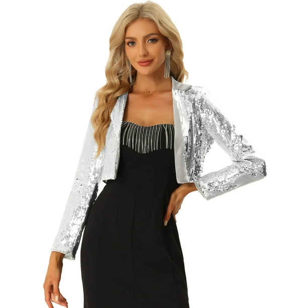 Blazer con Parte Delantera Abierta para Mujer con Solapa con Muescas, Manga Larga, Chaqueta de Lentejuelas Brillantes Plata M