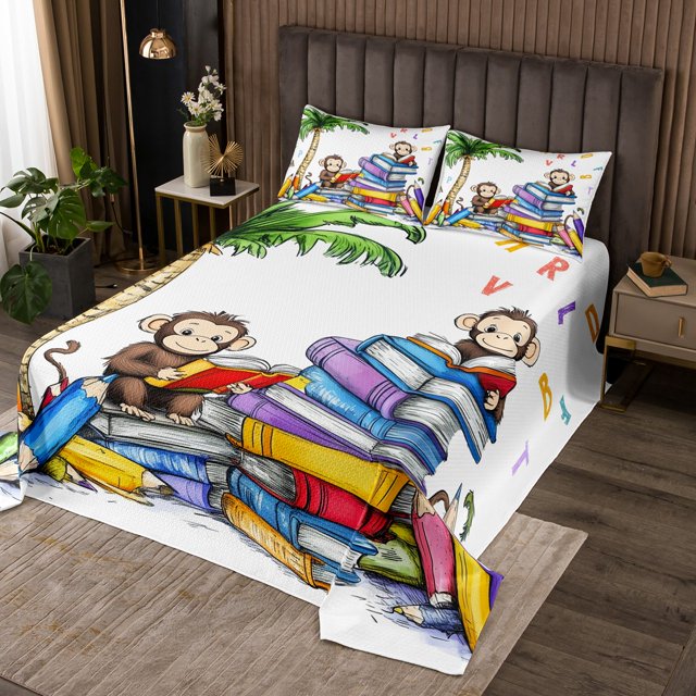 Monkey Animal Quilted Coverlet Colorful Books Pattern Bedspread Twin for Kids Teens Adults English Letter Print Decor Bedding Set Tropical Coconut Tree Bedroom Coverlet Sets 2 Pieces
