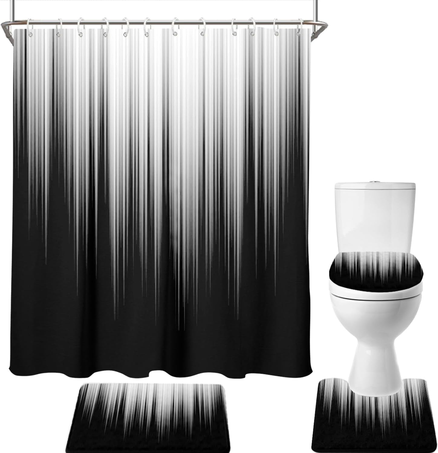 4 Piece Black and Grey Shower Curtain Set White Gray Silver Ombre Mens Cool Gothic Trendy 72Wx72L Curtains Decor with Non-Slip Rugs, Toilet Lid Cover and Bath Mat Bathroom Accessories