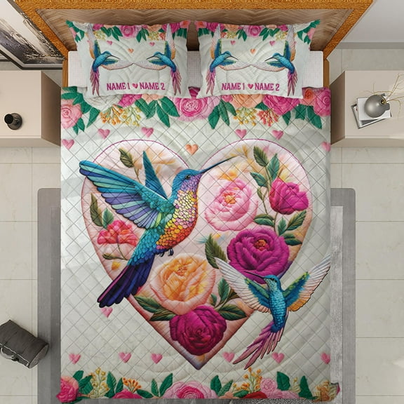Lotusprinthandmade Personalized Valentine’s Day Hummingbird Quilt Bedding Set (White Binding) 5 Sizes (Made in Vietnam) (55x60), Romantic Hummingbird Quilt Bedding