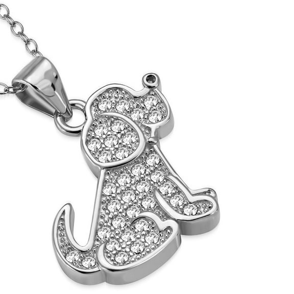 925 Sterling Silver White Clear CZ Puppy Dog Animal Pendant Necklace, 18"