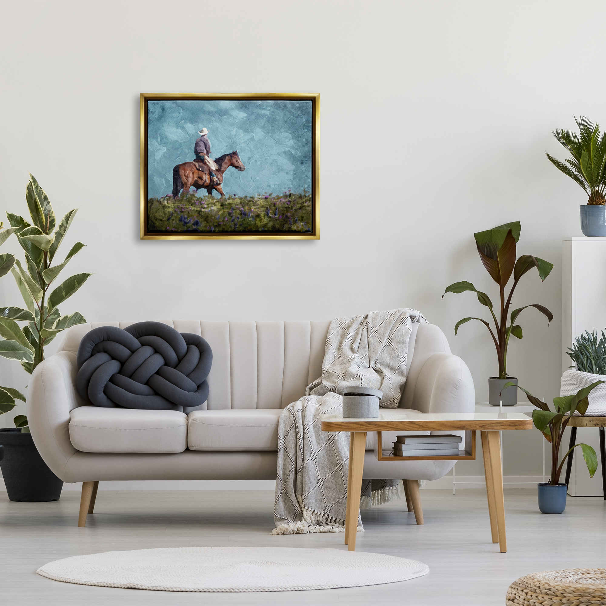 Stupell Industries Cowboy in Meadow Animals & Insects Painting Gold Floater Framed Canvas Art Print Wall Art, 31 x 25