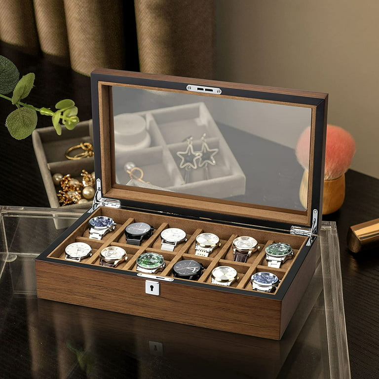 foran Nord svært Mimifly Wood Watch Box, Watch Storage Case Holder Watch Organizer with Glass  Display Lid for Men and Women, 12 Slots - Walmart.com