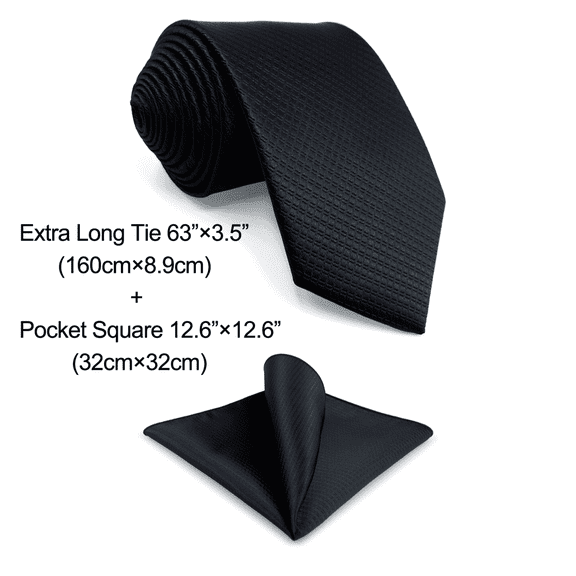 S&W SHLAX&WING Men Tie Wedding Necktie and Cufflinks Black Silk Solid Extra Long Extra Long Size 63" with Pocket Square