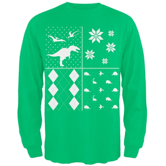 Dinosaurs Festive Blocks Ugly Christmas Sweater Green Adult Long Sleeve T-Shirt