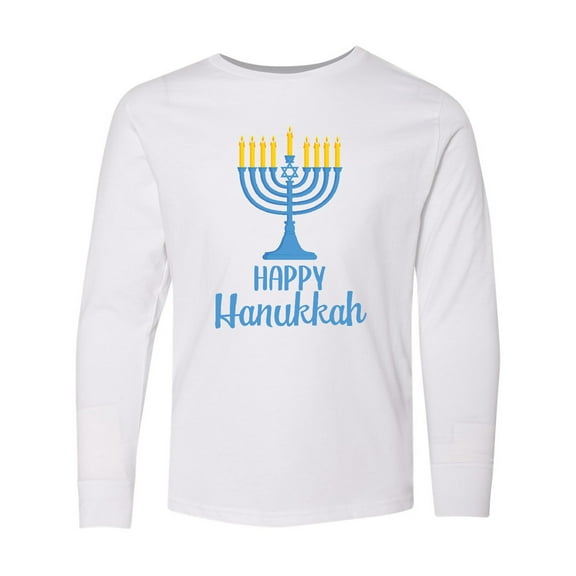 Inktastic Happy Hanukkah with Blue Menorah Long Sleeve Youth T-Shirt