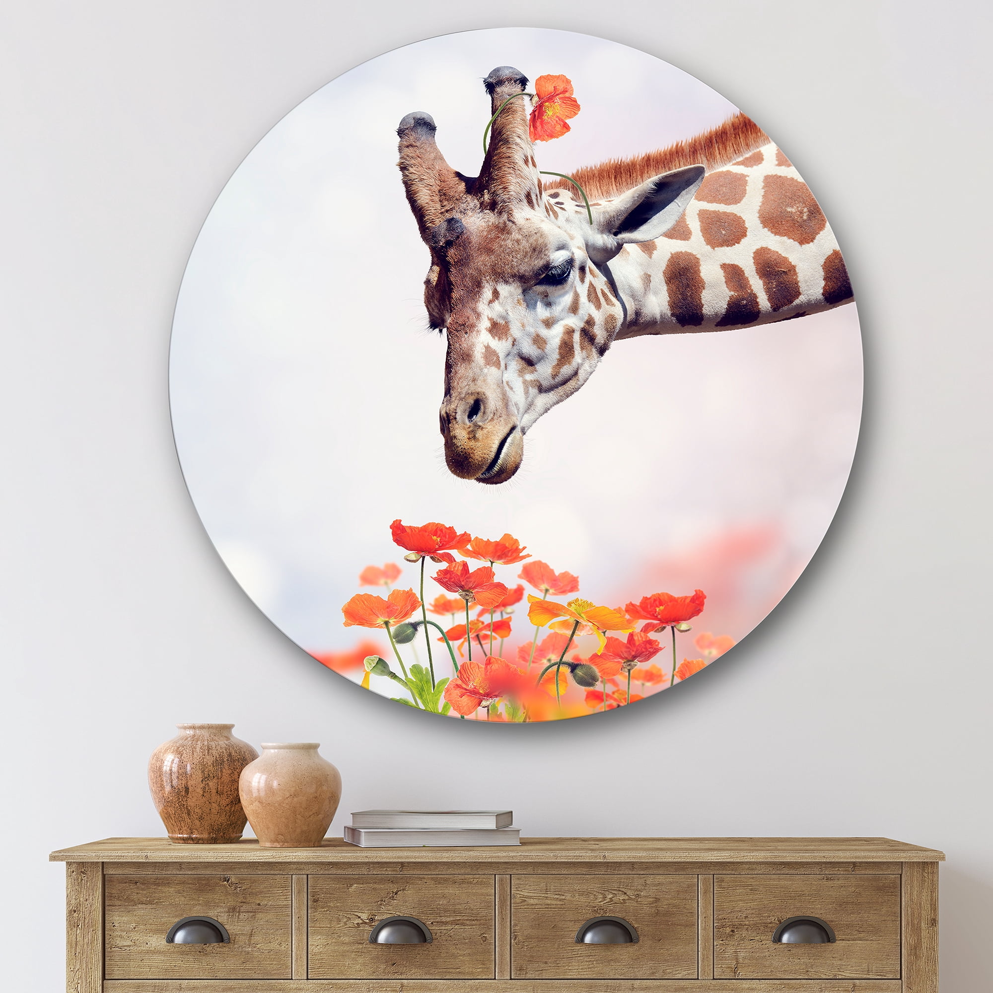 Designart 'Portrait of A Giraffe With Orange Flowers' Farmhouse Circle Metal Wall Art 29x29 - Disc of 29