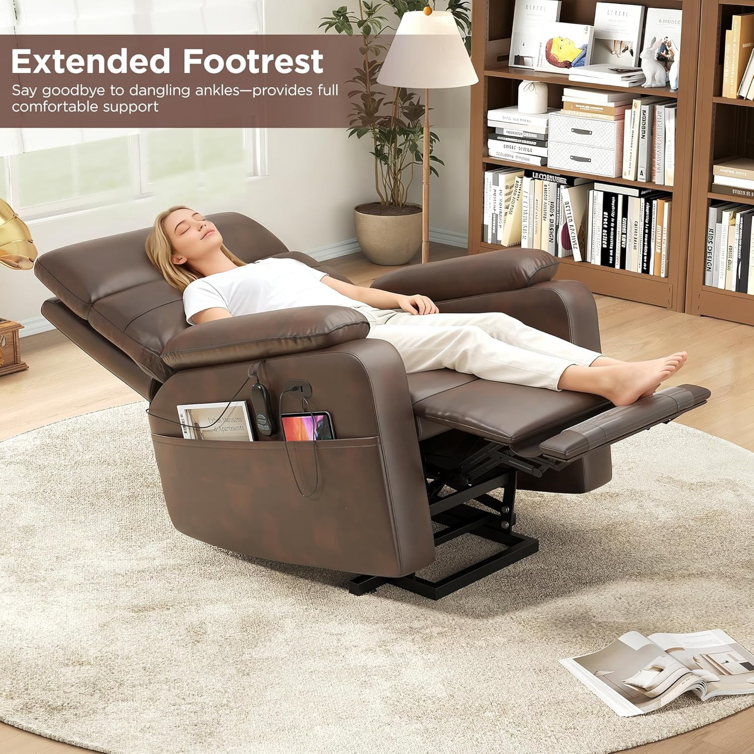 Vabches Power Lift Recliner Chair Dual Motor, Electric Leather Recliner for Adults with Cup Holder, Tray and USB & Type-C, Pillow Side Pocket