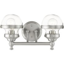 15 inch 2 Light Brushed Nickel Bathroom Vanity light fixture with Hand Blown Clear Glass Shade