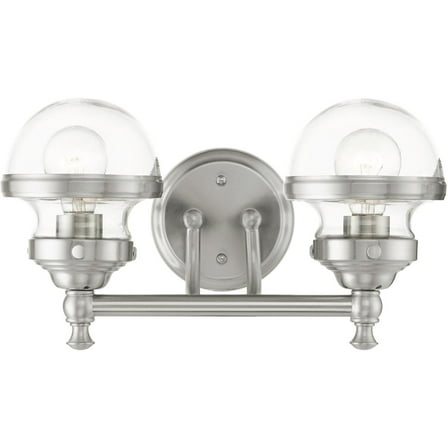 15 inch 2 Light Brushed Nickel Bathroom Vanity light fixture with Hand Blown Clear Glass Shade