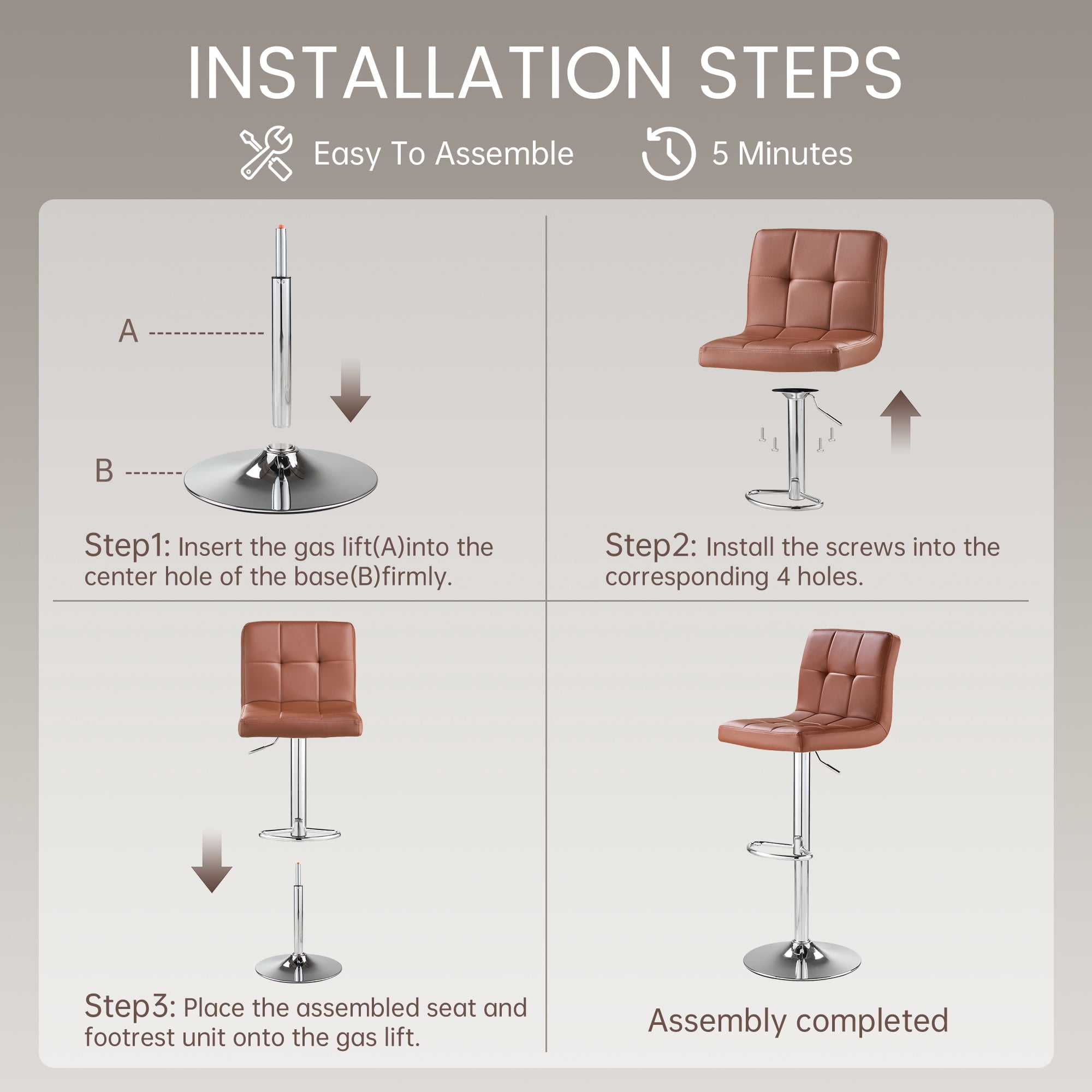 SAETSFEG Bar Stools, Thickened Seat Cushion Adjustable Swivel Bar Stool with Backrest, Counter Height PU Leather Bar Chairs for Kitchen Island, Dining Room, Brown