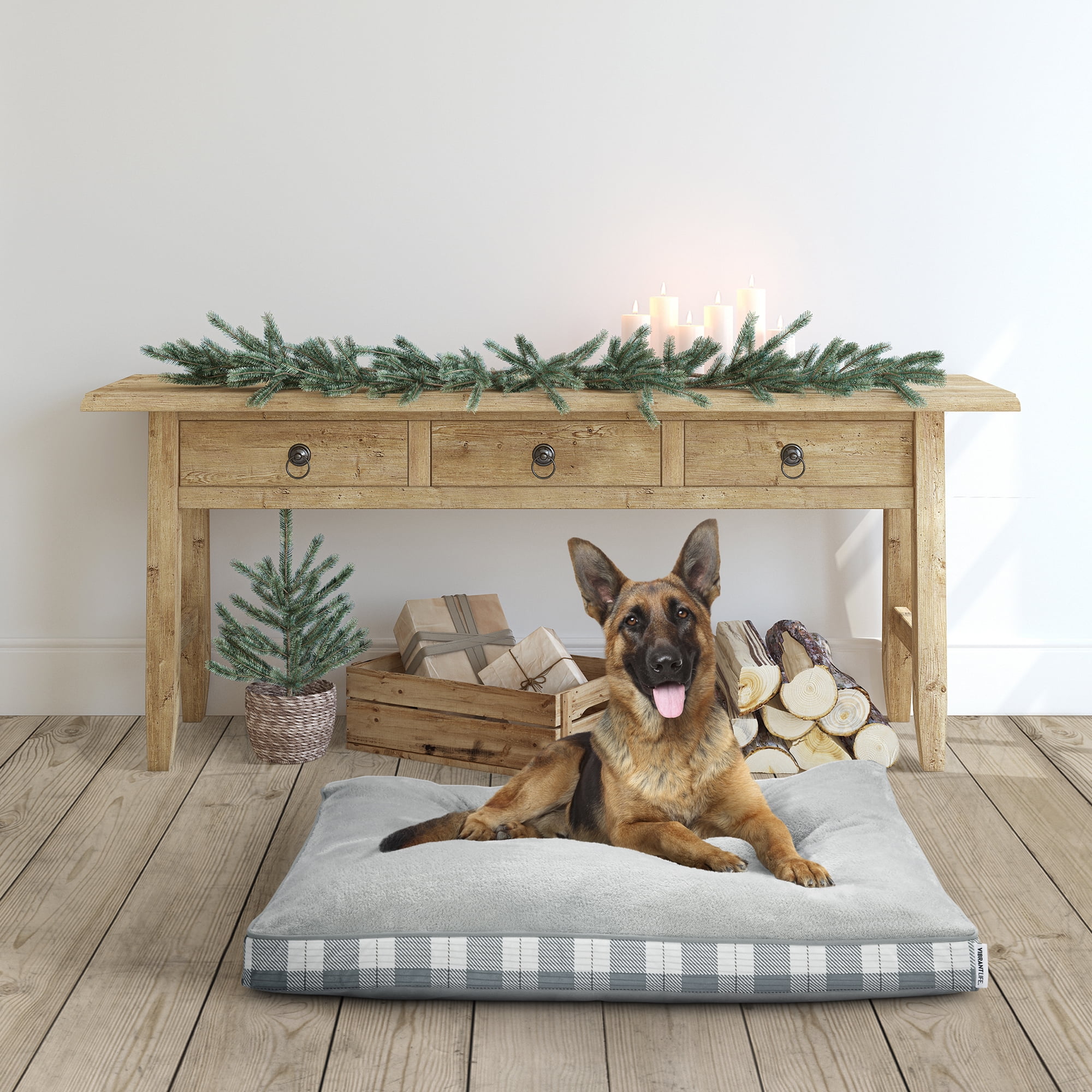 Vibrant Life Large Deluxe Gusset Pillow Dog Bed, 42" Grey White Plaid