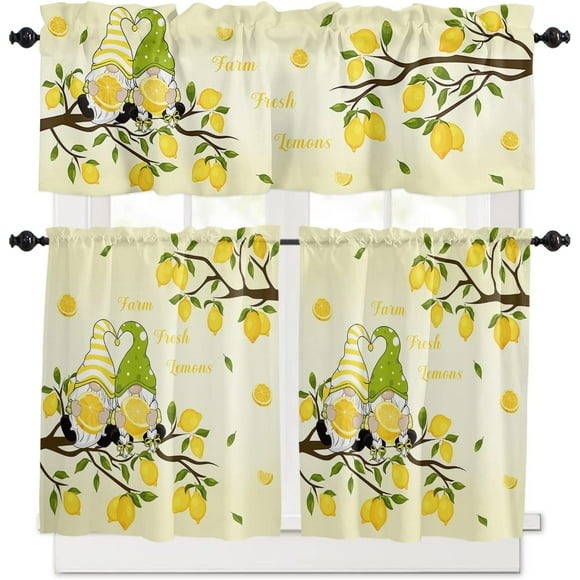 Summer Lemon Kitchen Curtains and Valances Set, Yellow Gnomes Lemon Kitchen Curtains Set Rod Pocket Tier Curtains 36 Inch, Farm Botanical Yellow Ombre Valances for Windows Living Room/Bedroom/Cafe