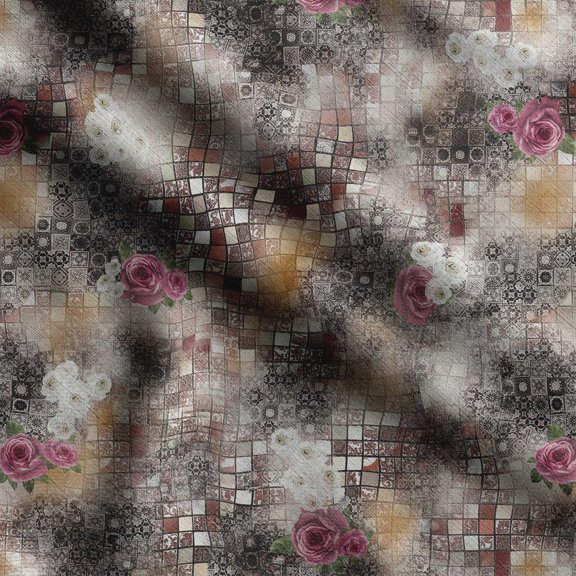 Soimoi Patchwork Print, Silk Fabric, Decor Sewing Fabric by The Yard 42 Inch Wide,Decorative Fabric for Shirts Suits Ties, Brown & Pink