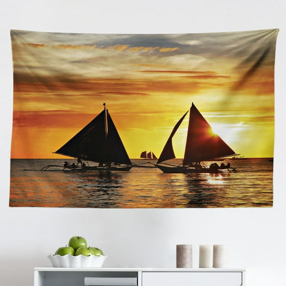 Sailboat Tapestry, Yacht at The Ocean Comes Nearer a Thunderstorm Rain and Bolt Artwork Print, Fabric Wall Hanging Decor for Bedroom Living Room Dorm, 2 Sizes, Blue Grey, by Ambesonne