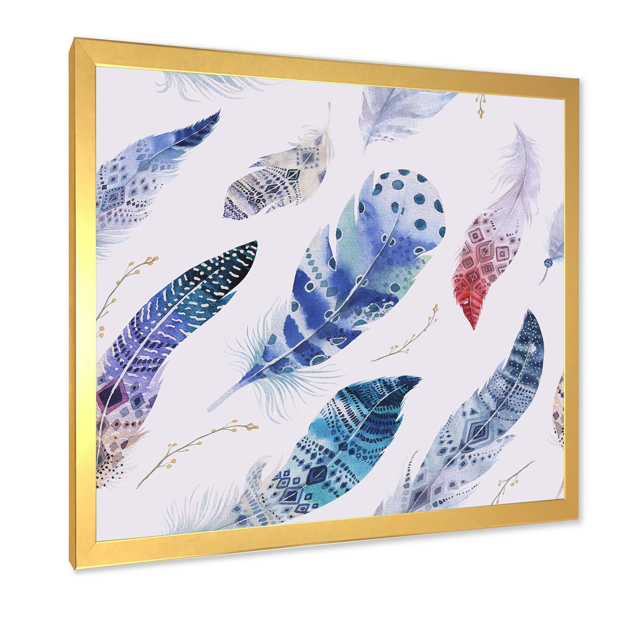 Designart 'Elegant Blue Boho Art Feathers' Bohemian & Eclectic Framed Art Print