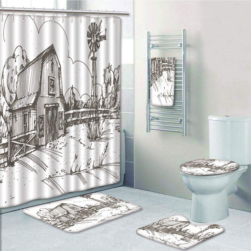 PRTAU Rustic Barn Farmhouse Hand Drawn Countryside Rural Meadow 5 Piece