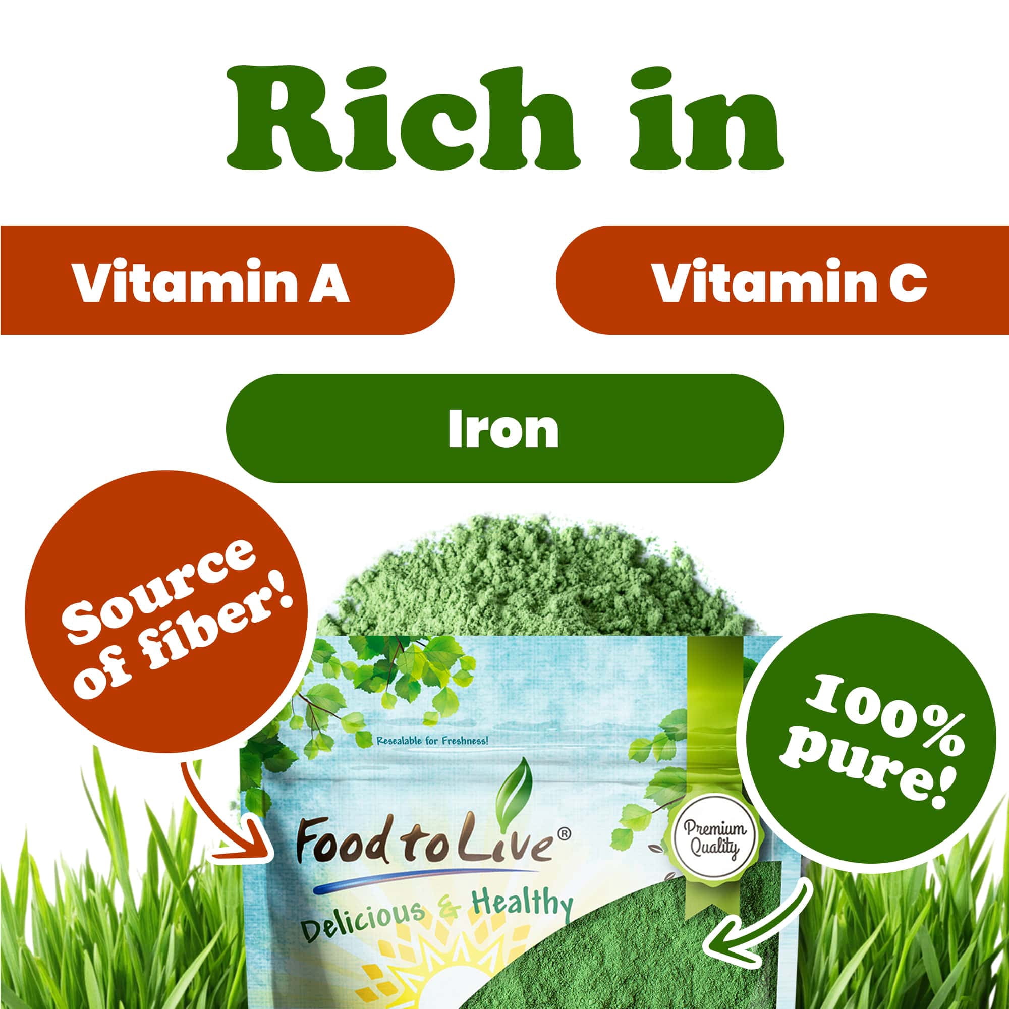 Wheatgrass Powder, 2 Pounds - Rich in Vitamins & Nutrients, 100% Pure, Nutrient-Dense Superfood, Vegan, Raw, Kosher, Bulk