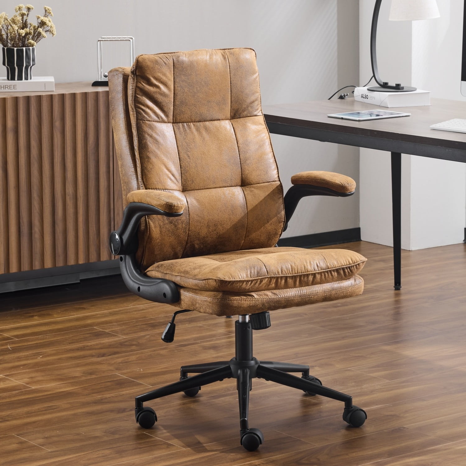 Ktaxon Swivel Office Chair – Desk Chair with Wheels, Flip-Up Armrests Brown