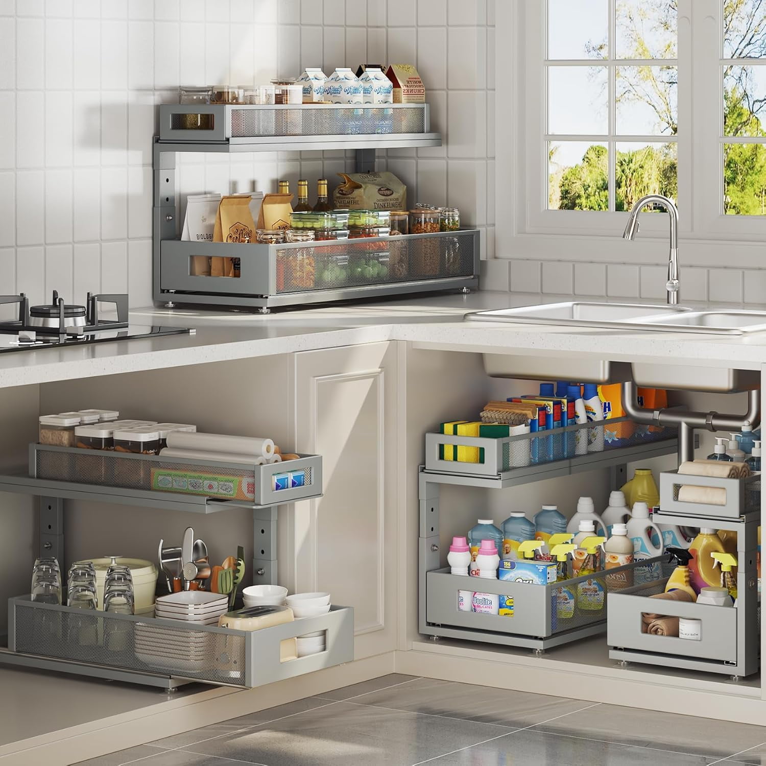 2 Pack 21.3IN-Depth Under Sink Organizer with Next-Gen Ball-Bearing Slides,2-Tier Pull Out Cabinet Storage,Height Adjustable Drawer Shelf for Bathroom,Kitchen,Laundry,Cabinet,Pantry-Gun Gray