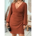 thumbnail image 5 of Large Size Women'S Wrap V Neck Bodycon Mini Dress Puff Long Sleeve Ruched Brown XXL, 5 of 7