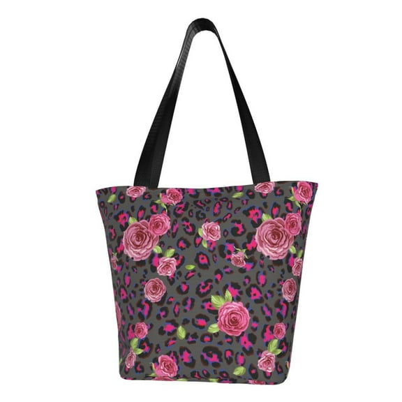 Lsque Rose Mix Leopard 2 Pattern Beach Tote,Shoulder Handbag,Spacious Tote Bag,Lightweight Travel Bag,Versatile Shopping Bag