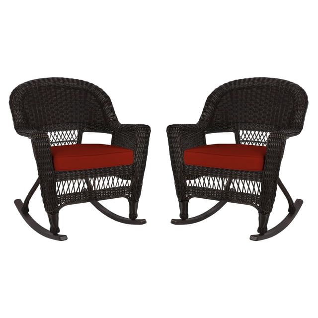 Jeco Rocker Wicker Chair in Espresso with Red Cushion (Set of 2)