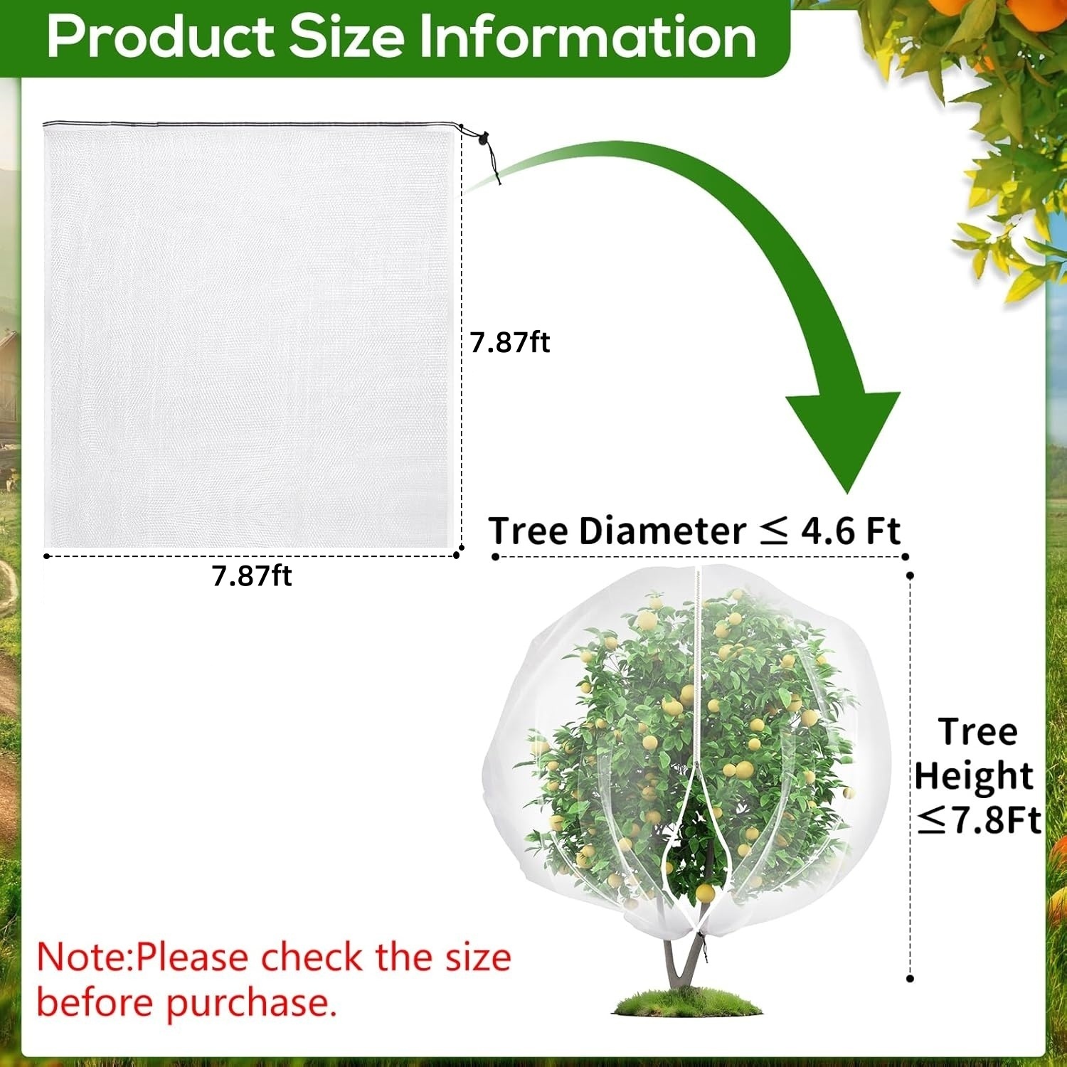 LQQBOX 1 Pack 7.87 x 7.87ft Fruits Tree Netting, Insect Bird Barrier Tree Net with Drawstring and Zipper, Plant Cover Fruit Tree Protection to Prevent Tomato Blueberry Vegetables from Squirrels Birds