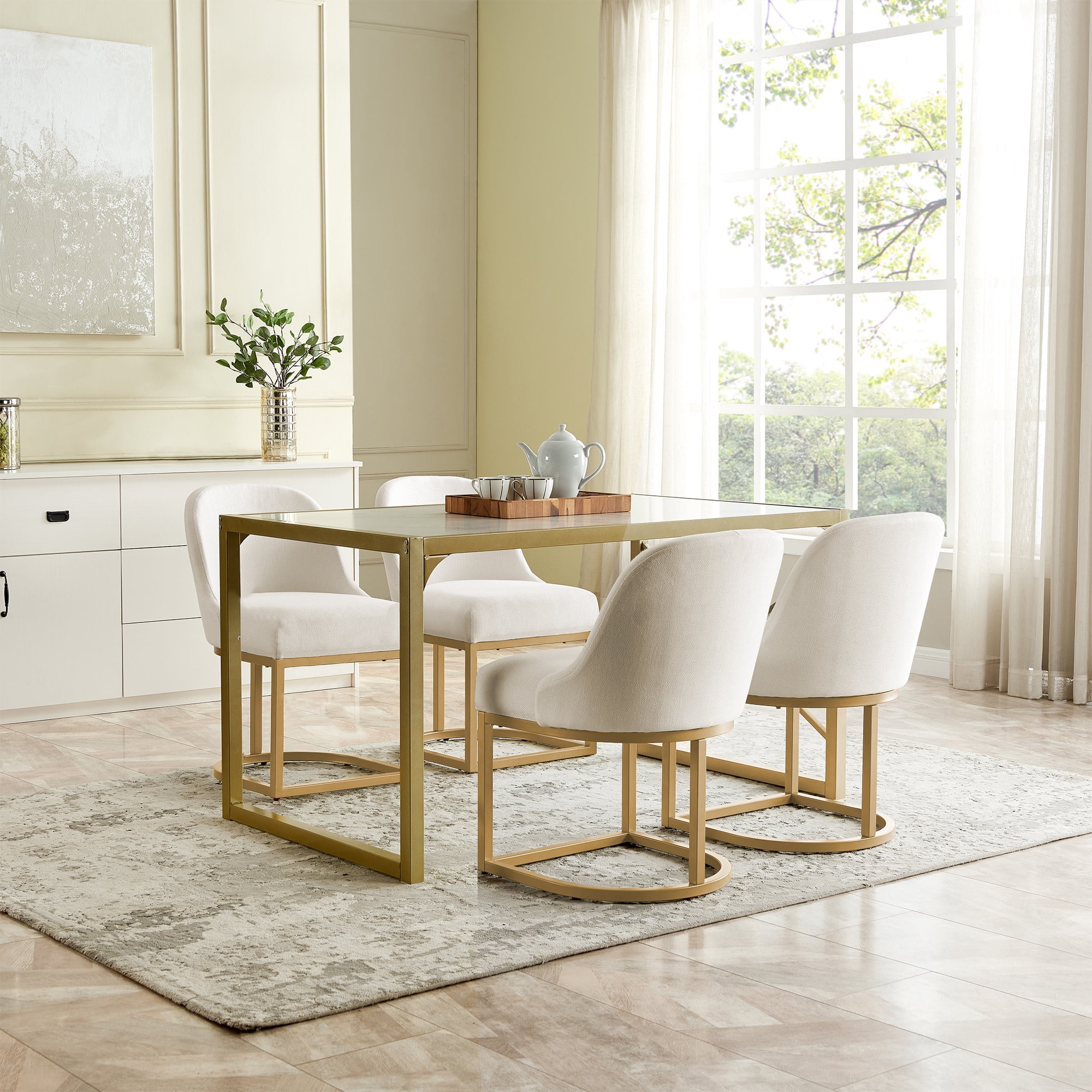 Upholstered Barrelback Dining Chair with Gold Metal Base, Modern White Linen, Set of 2