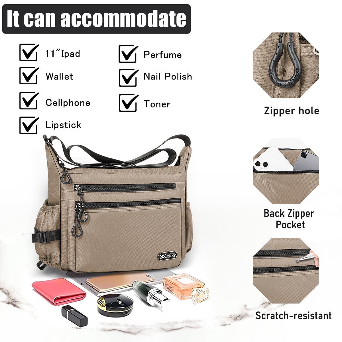 Crossbody Bag for Women Men Multi-Pocket Shoulder Purse Waterproof Lightweight Casual Travel Satchel Handbag,Khaki,319