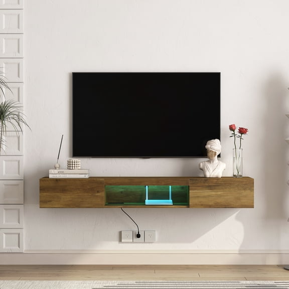 Floating TV Stand with LED Lights & Power Outlet Slim Wall Mounted TV Shelf for 65" TVs Modern Wood