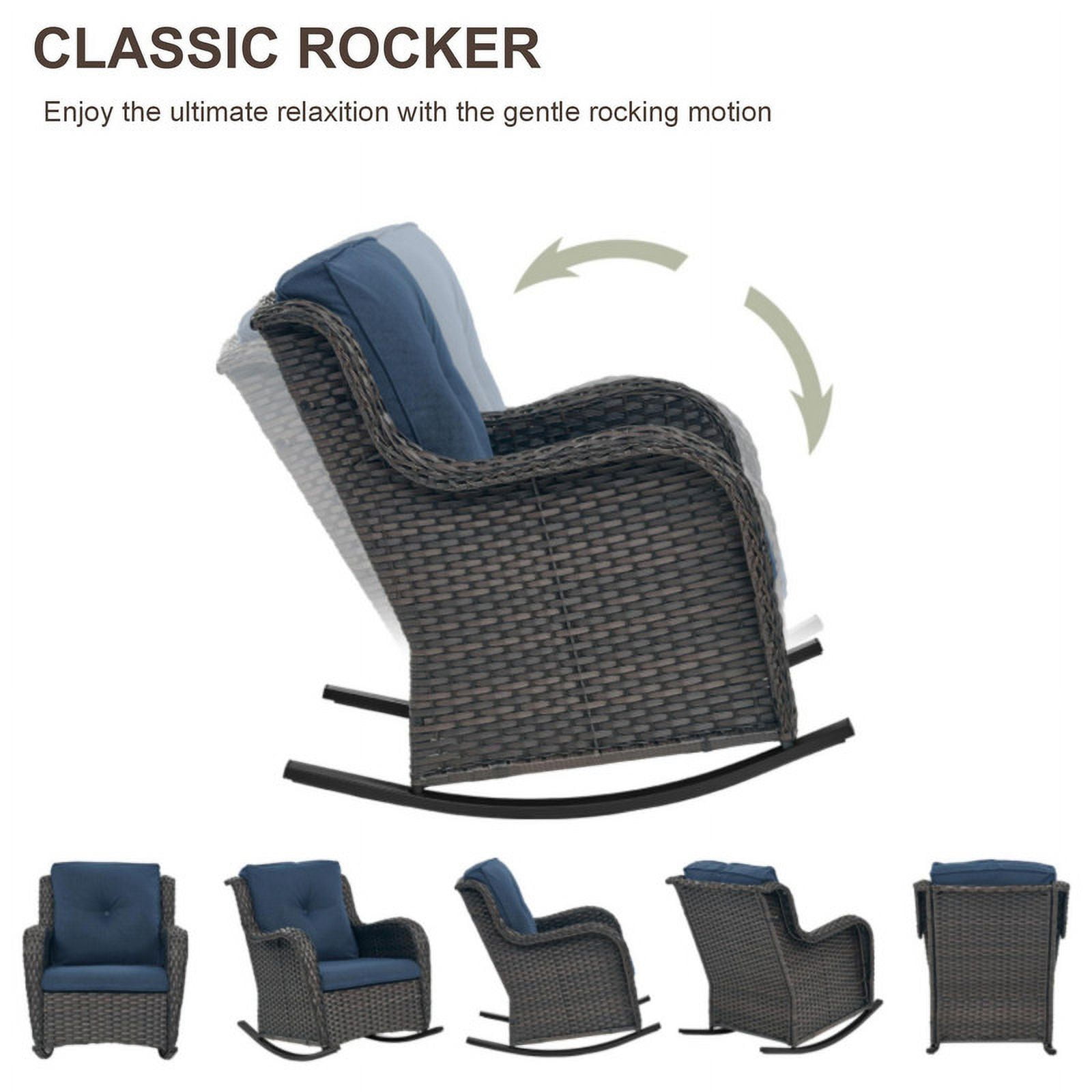 PARKWELL Outdoor Wicker Rocking Chair - Rattan Patio Rocker Chairs with Cushions and Steel Frame - Set of 2 - Blue
