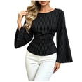 thumbnail image 2 of IUYRTFE Women's Striped Bell Sleeve Blouse Crew Neck Slim Fit Waisted Casual Fall Top, 2 of 7