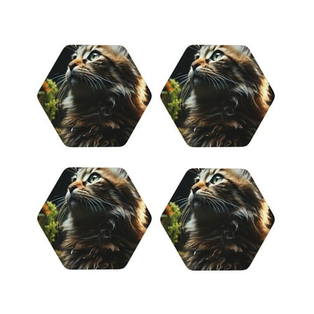 

Fuzoiu Realistic Style Cute Cat Print Leather Coasters Set Drink Coasters Set of 4 for Tabletop Protection Durable PVC Coasters Home Décor and Housewarming Gift-Hexagon
