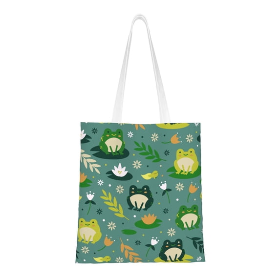 DouZhe Reusable Grocery Bags, Happy Frogs Flowers Green Lightweight Polyester Canvas Cloth Tote Bag for Travle Gym Shopping School, 15" x 16"