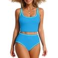 thumbnail image 2 of Maqroz Modest Swimsuits for Women 2 Piece High Waisted Bikini Set Square Neck Contrast Trim Swimsuit Lightweight Breathable Summer Swimwear for Beach Vacation Poolside, 2 of 9