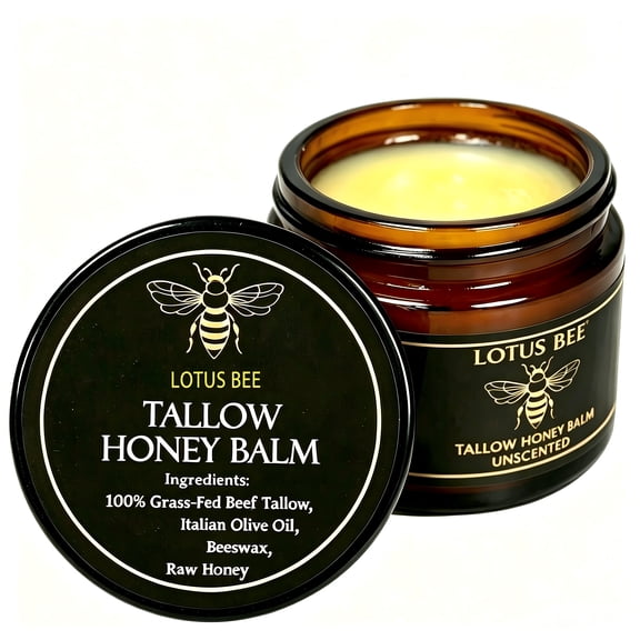 Unscented Grass Fed Beef Tallow Honey Balm, Facial & Body Daily Moisturizer Cream for Dry Sensitive Skin