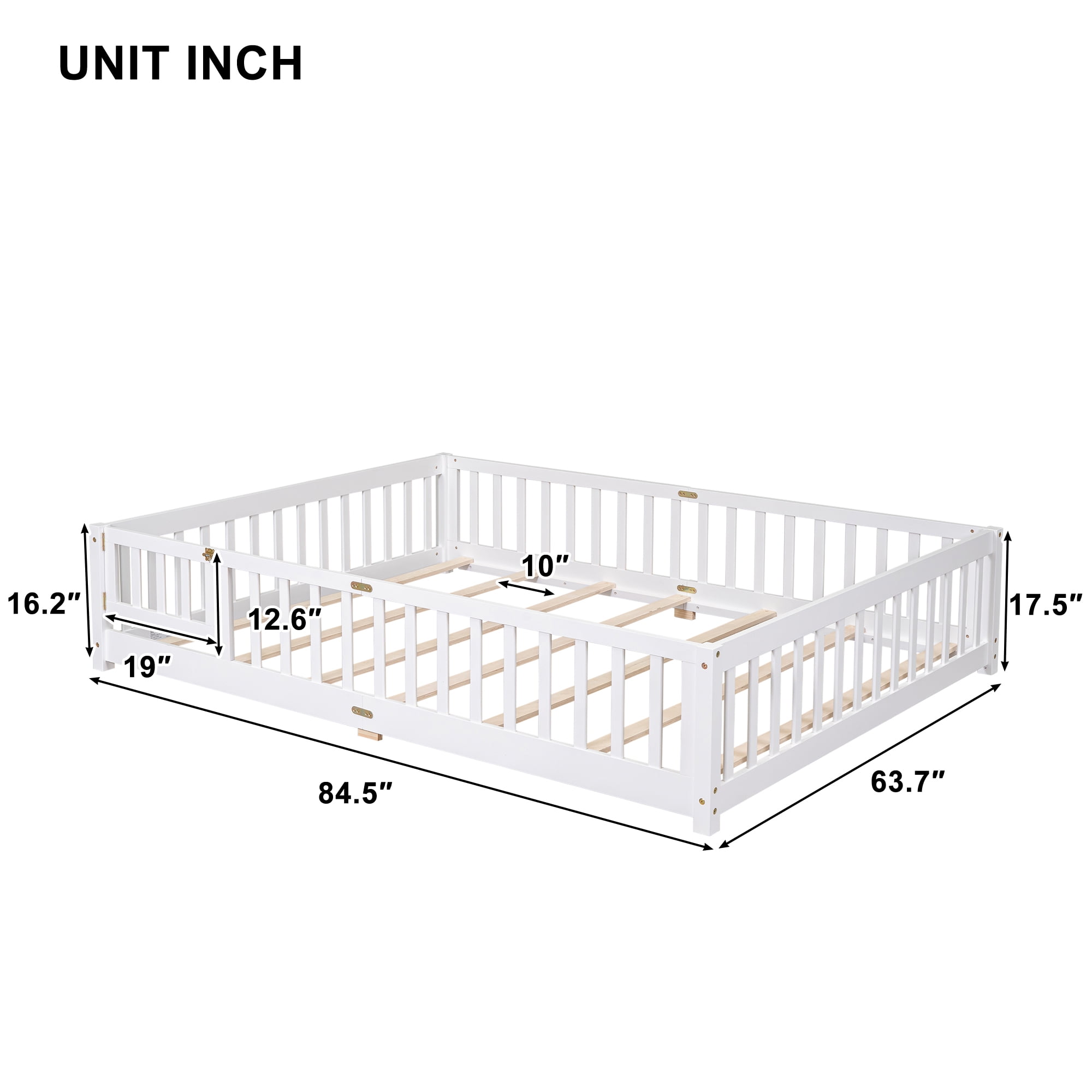 Miniyam Wood Queen Size Floor Bed with Safety Guardrails for Toddler, White