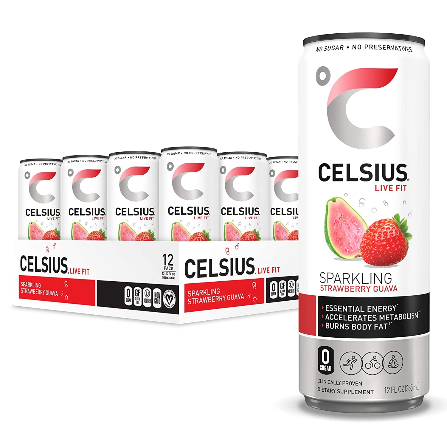 CELSIUS Sparkling Strawberry Guava Fitness Drink, Zero Sugar, 12oz ...