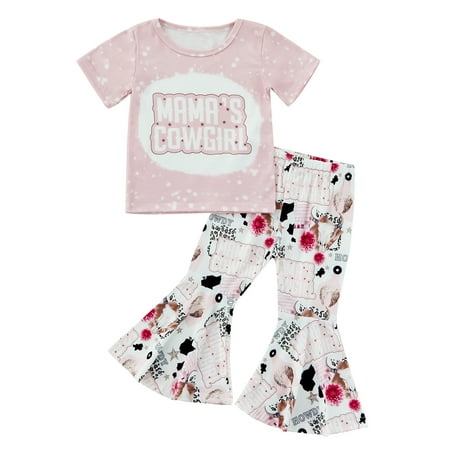 

Gureui Toddler Infant Baby Girls Summer Clothes Set Letter-print Short-sleeved Tops Floral Print Flared Trousers Pants Suit