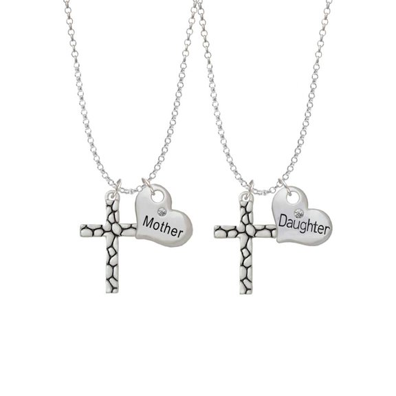 Delight Jewelry Silvertone Pebble Cross Mother & Daughter Heart Necklaces (Set of 2), 19" 2"