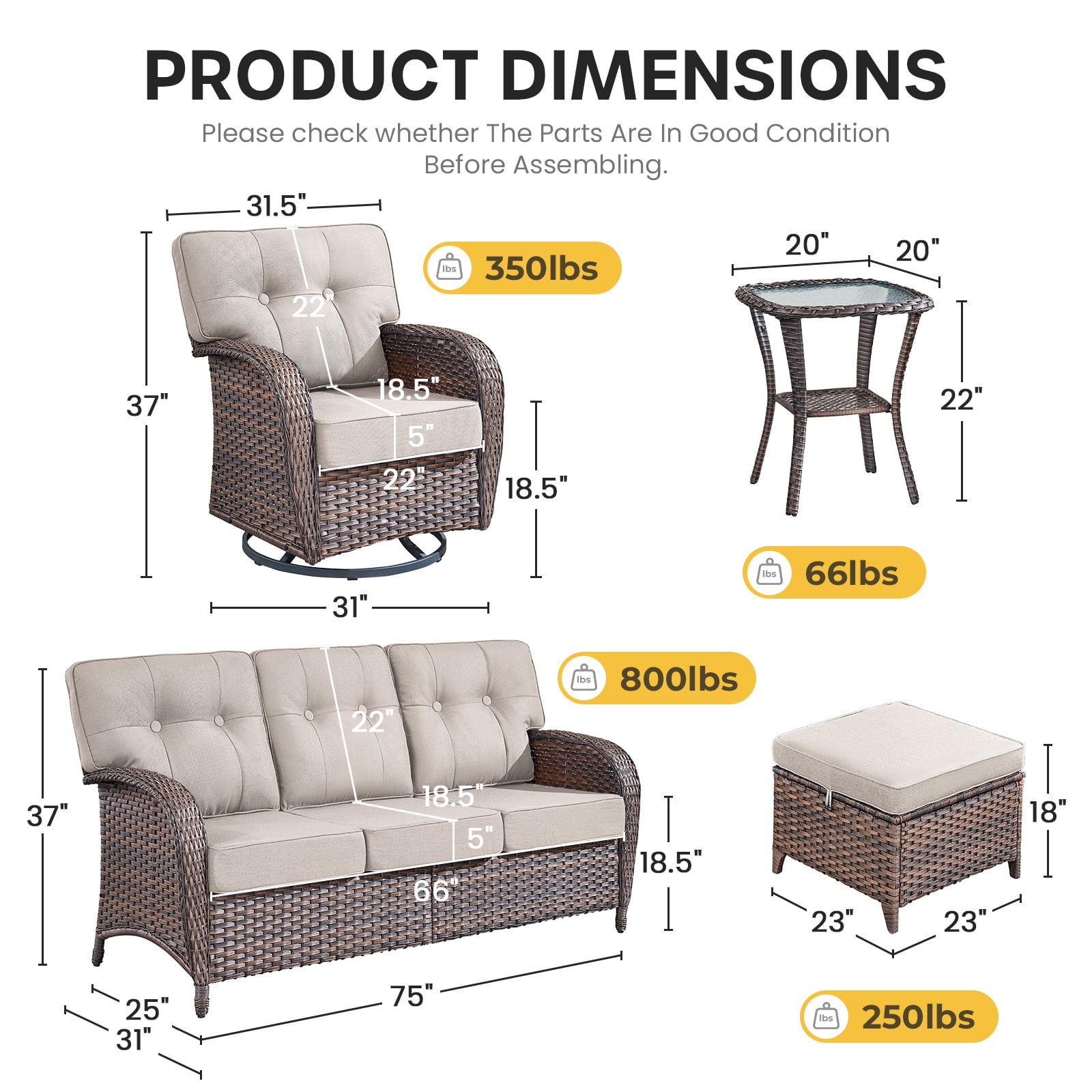 Bellefurn Luxury 6 Piece Outdoor Patio Wicker Furniture Sets with Swivel Rocker Patio Chairs,Sofa and Ottomans,High Back Outdoor Conversation Set for Porch Balcony Deck