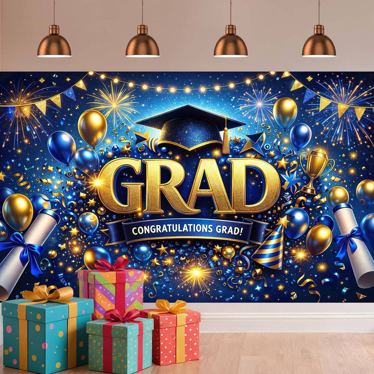 7x5ft Blue and Gold Graduation Photography Backdrop, Congratulations Grad Photo Booth Background with Cap Diploma Balloons, 2026 Grad Party Decorations Supplies