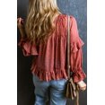 thumbnail image 3 of Women's Red Swiss Dot Lace up V Neck Ruffled Blouse, 3 of 5