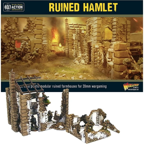 Wargames Delivered - Ruined Hamlet 28mm Miniatures - Action Figures Includes 3 Ruined Versatile Houses for Using in War Scenario, Digital Bundle - WW2 Diorama Plastic Model Kit