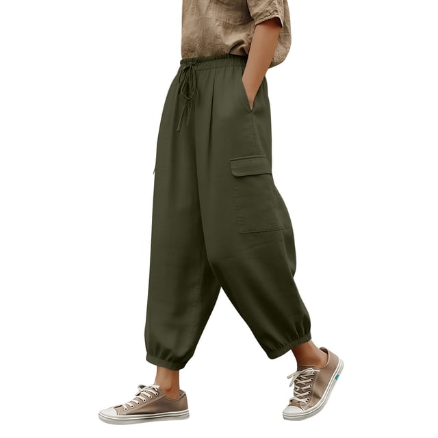 Pantalones de Lino Mujeres Color Sólido Cintura Elástica Pantalones de Ropa de Trabajo Casual Longitud Del Tobillo Verano