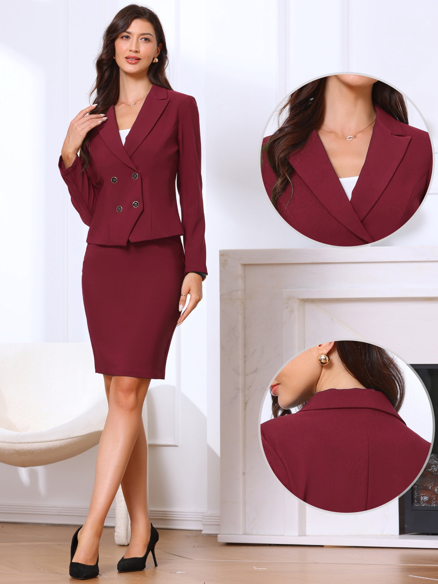 DARING DIVA 2Pcs Women's Office Double Breasted Blazer Pencil Skirt Set S Burgundy